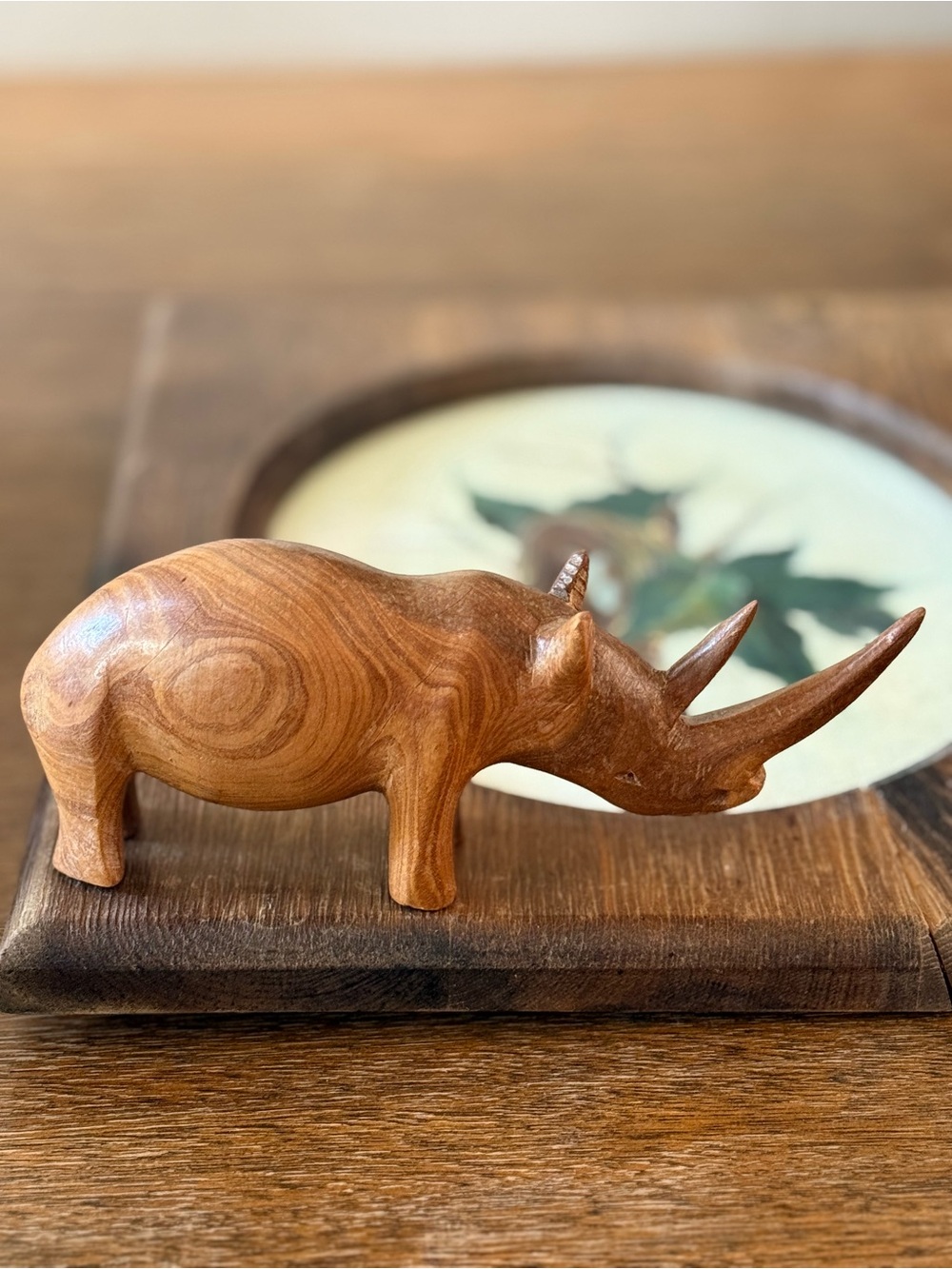 Hand Crafted Wooden Rhino Sculpture in Warm Brown